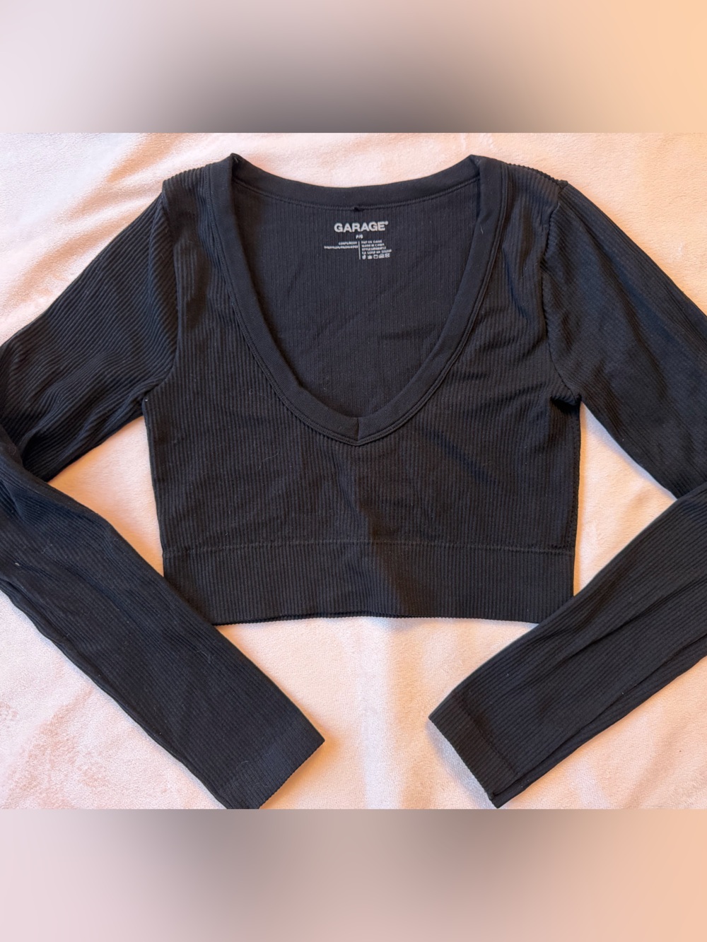 Garage Black Ribbed V-Neck Long Sleeve Crop Top